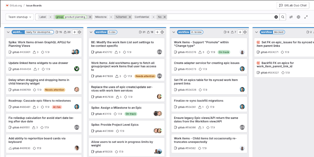 名为 &ldquo;Team stand-up&rdquo; 的问题看板，包含工作流列表但没有问题
